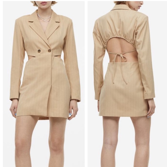 H&M Cut-Out Blazer Jacket Backless Long Sleeve Mini Dress Beige Tan Pinstripe M - Picture 1 of 10